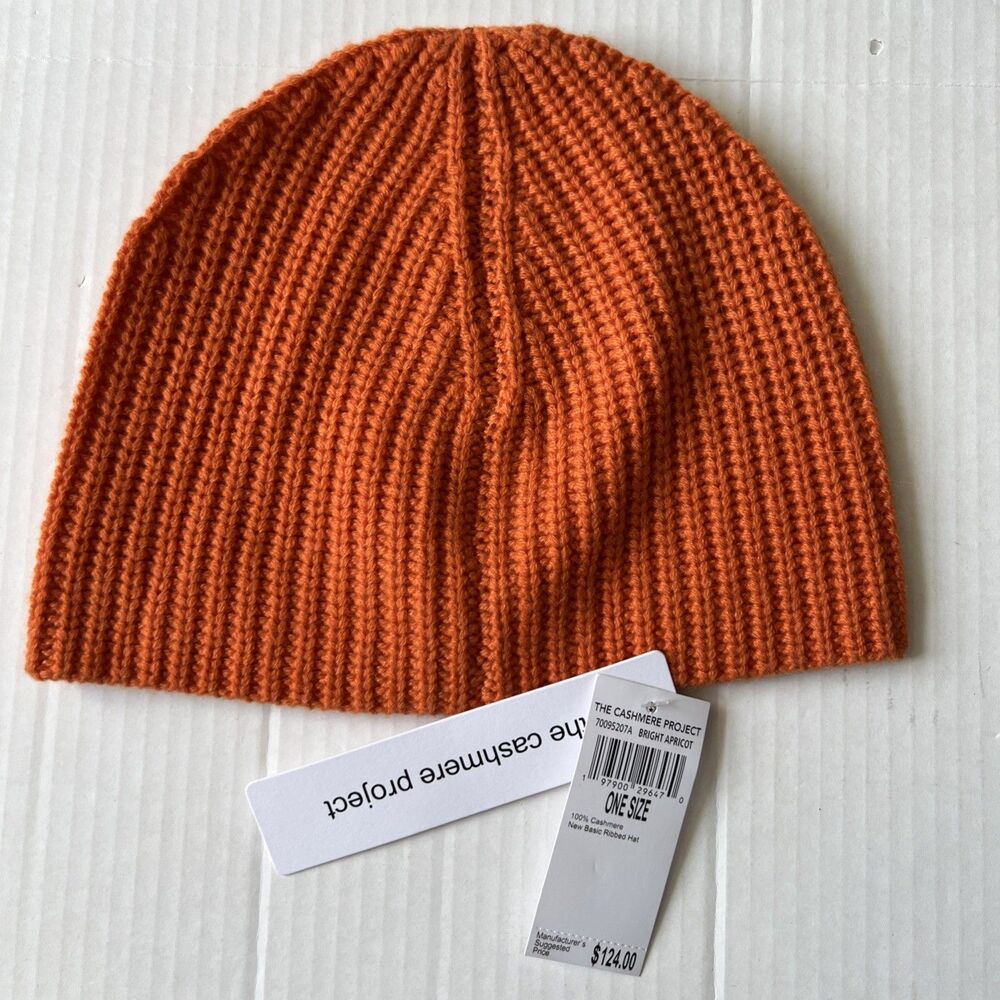 The Cashmere Project OS Beanie 100% Cashmere Orange Ribbed NWT